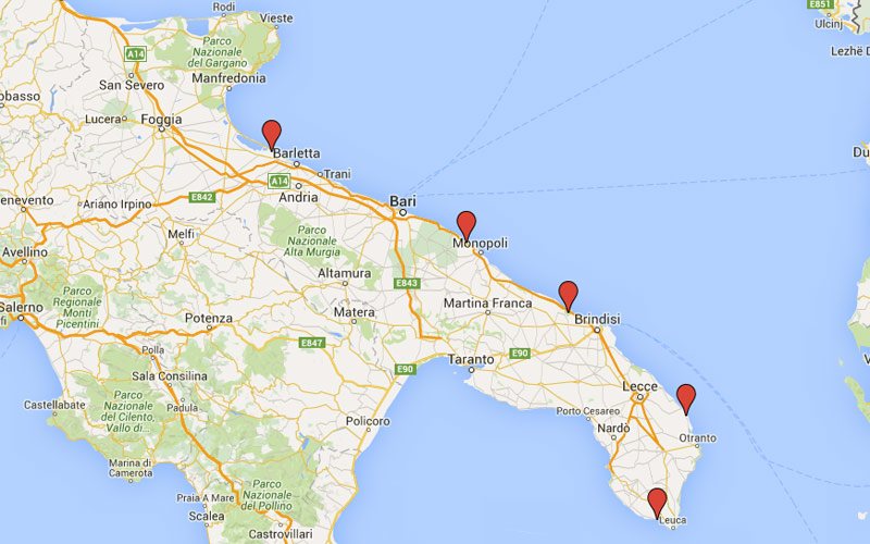 Puglian kartta, jossa on parhaat rannat